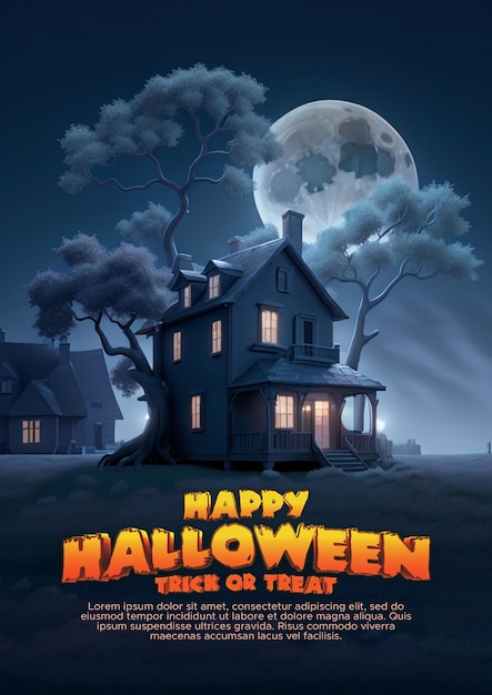 PSD halloween nightfall minimalista 3d casa assombrada e brilho da lua