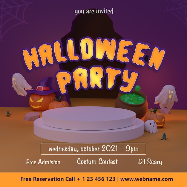 Halloween Party Social Media Banner Vorlage mit 3D-Rendering-Hintergrund