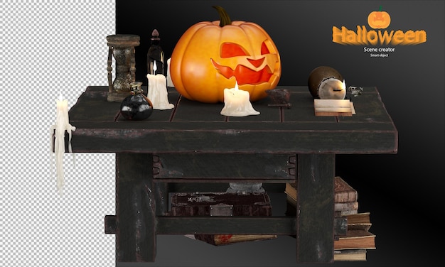 halloween pumpkin melting candles magic potion bottle old book old sensory sand timer on old table