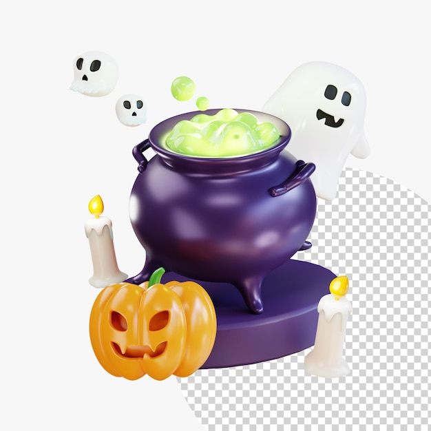 Halloween scary kürbischkopf mit hexenkessel kerzenlicht schädel und niedlicher geist halloween konzept für web-banner poster anzeigen broschüre grußkarte party einladung 3d-rendering