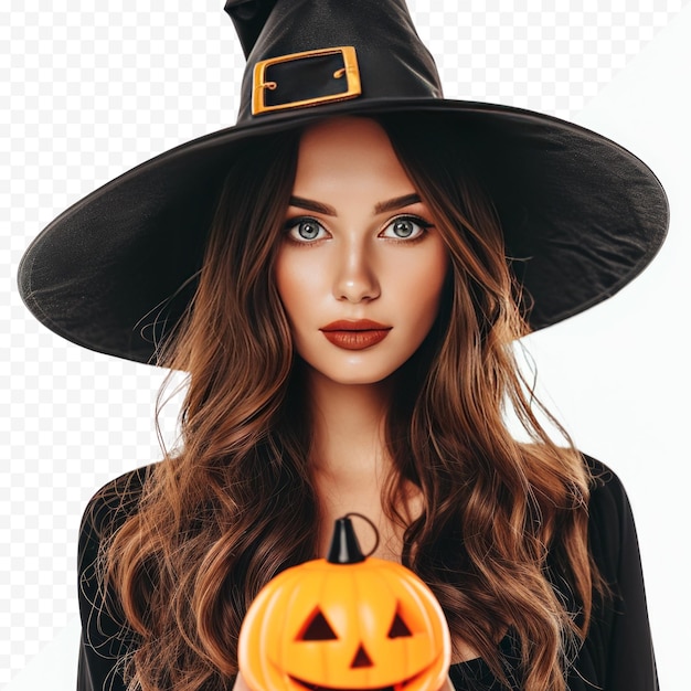 Halloween Sexy Fille Portant Un Costume De Sorcière Avec Un Chapeau Avec Une Lanterne De Citrouille Montrant Le Produit Sales Party Célébration Beauté Surprise Femme Isolée Sur Fond Blanc Isolé Brilant Maquillage