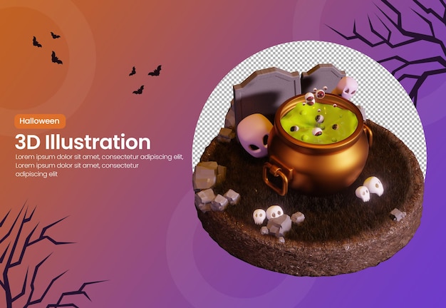 Halloween-Thema 3D-Rendering-Illustration mit Spooky Potion in Witch Pot