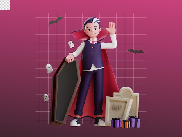 Halloween-vampirillustration des charakters 3d, die hallo mit sarg und grab sagt