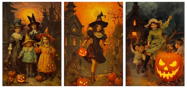 PSD halloween-vintage-postkarten, junk-journal, viktorianische halloween-hexe, kürbisse, herbst-spuk