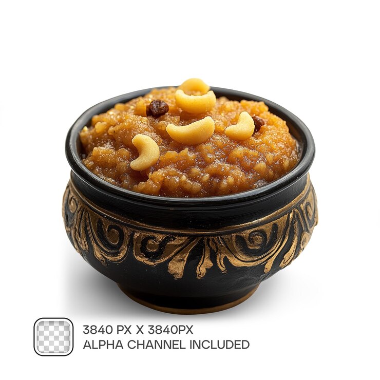 PSD halwa de zanahoria con nueces en una pequeña olla de arcilla para el ramadán