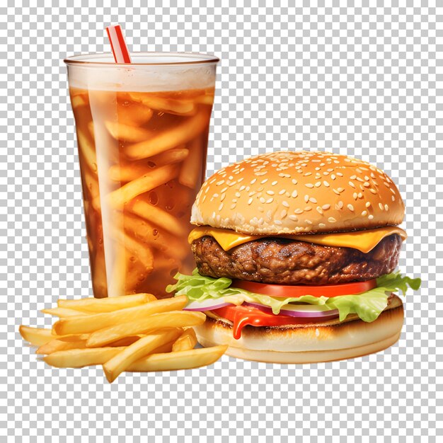 PSD hamburger avec boisson froide isolé sur un fond transparent