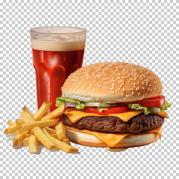 PSD hamburger avec boisson froide isolé sur un fond transparent