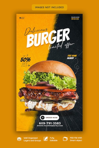 Hamburger delizioso e menu di cibo Instagram e modello di storia di Facebook