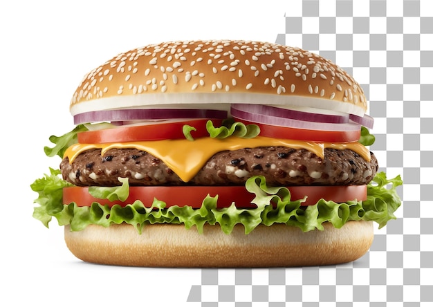 Un hamburger avec du fromage, de la tomate, de l'oignon et de l'oignon sur fond blanc.