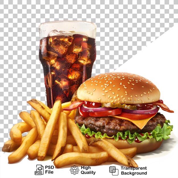 un hamburger et des frites avec une boisson sur un fond transparent