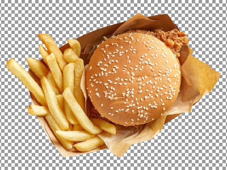 PSD hamburger avec frites dans un sac en papier isolé sur fond transparent