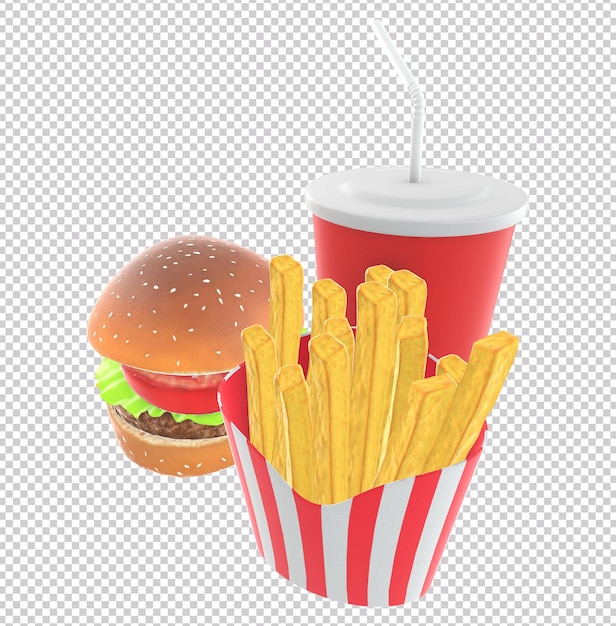 PSD un hamburger et des frites sont à côté d'une tasse de soda isolé sur fond transparent