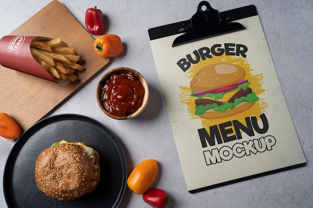 PSD hamburger-restaurant-menü-mock-up mit fast food