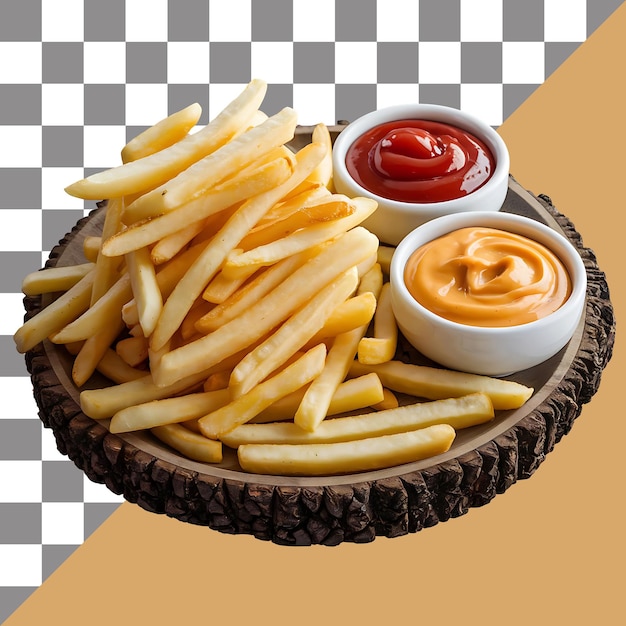 A hamburger with cheese and fries on a wooden dish