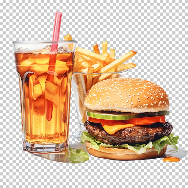 PSD hambúrguer com bebida fria isolado em fundo transparente
