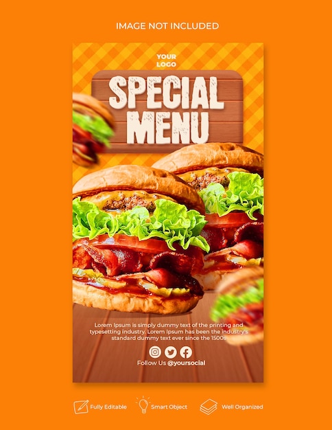 PSD hambúrguer com comida menu promoção mídia social modelo de banner de história do instagram