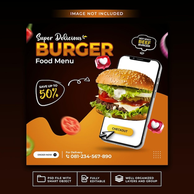 Hambúrguer de cardápio de comida para modelo de postagem de banner de mídia social Premium Psd