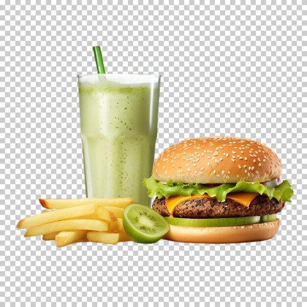 PSD hambúrguer de carne fresca com batido verde isolado em fundo transparente