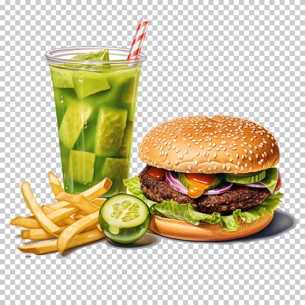 PSD hambúrguer de carne fresca com batido verde isolado em fundo transparente