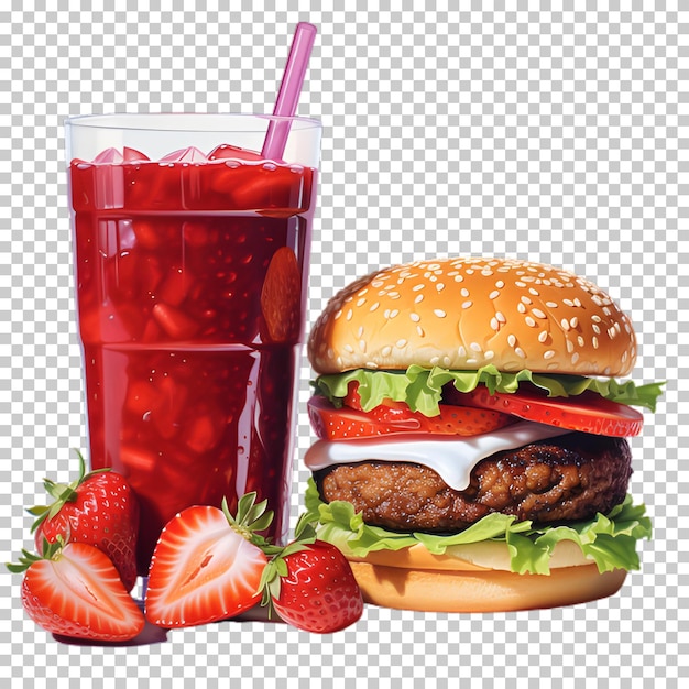 PSD hambúrguer de carne fresca com batido vermelho isolado em fundo transparente