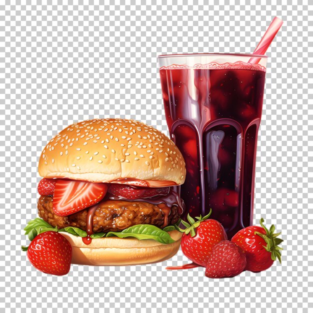 PSD hambúrguer de carne fresca com batido vermelho isolado em fundo transparente