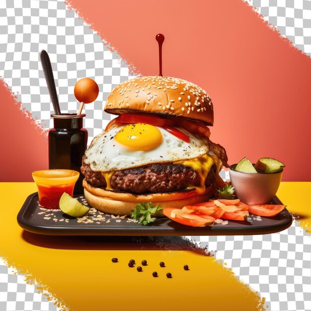 PSD hambúrguer de fast food com condimentos em um fundo transparente de prato