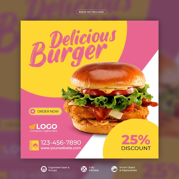 Hambúrguer de fast food e banner de promoção de mídia social de menu de comida especial modelo psd