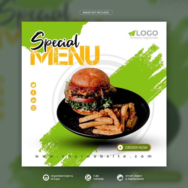 Hambúrguer de fast food e banner de promoção de mídia social de menu de comida especial modelo psd