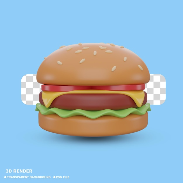 PSD hambúrguer de ilustração 3d com um tomate de carne de queijo de alface verde e fundo transparente