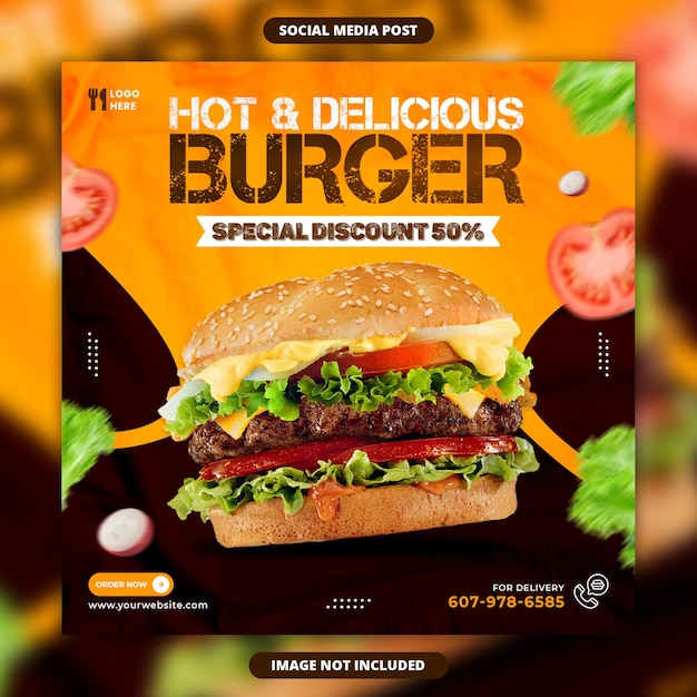 Hambúrguer delicioso e menu de comida modelo de postagem de banner de mídia social no instagram