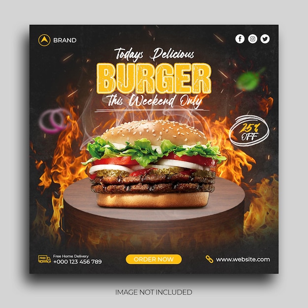 PSD hambúrguer delicioso e menu de comida postagem em mídia social modelo de banner de postagem no instagram