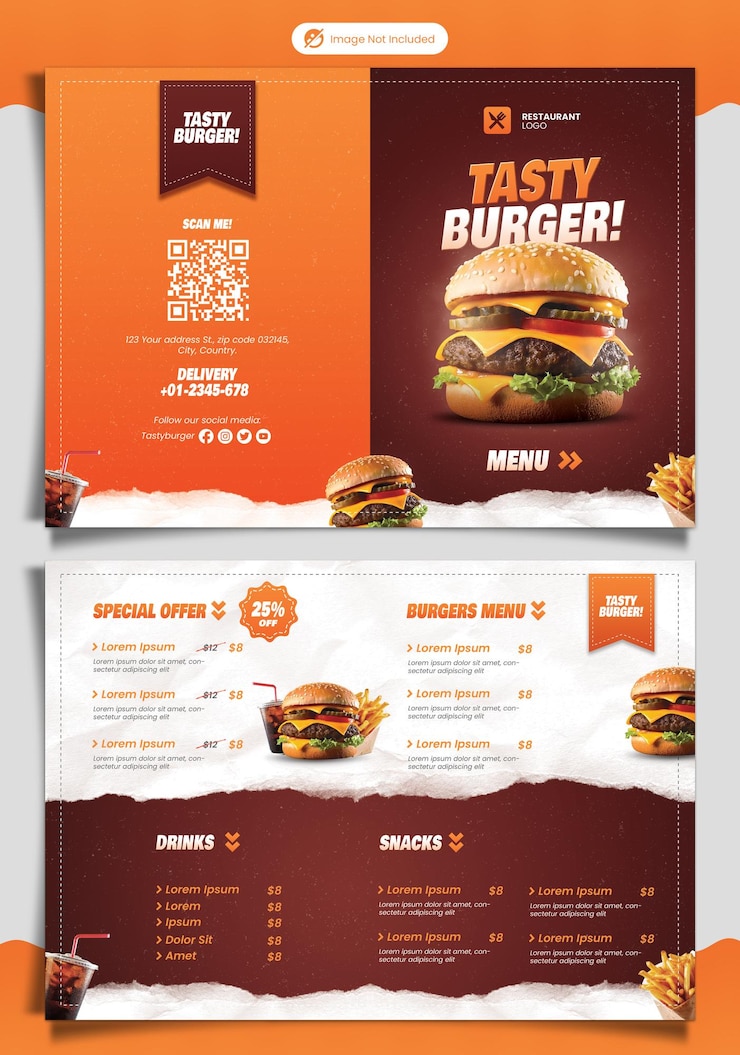 PSD hambúrguer e alimentação modelo de menu bifold