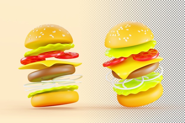 Hambúrguer ou hambúrguer mosca movimento com fatia ingredientes conjunto de ícones de renderização 3d isolado fast food com pão gergelim carne queijo tomate salada cebola carne cheeseburger cartoon design
