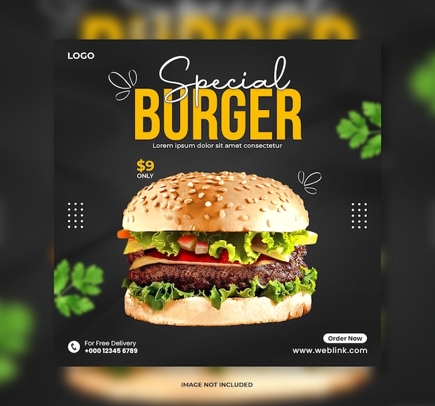 Hambúrguer saboroso especial e menu de restaurante mídia social modelo de banner de postagem ou banner de comida