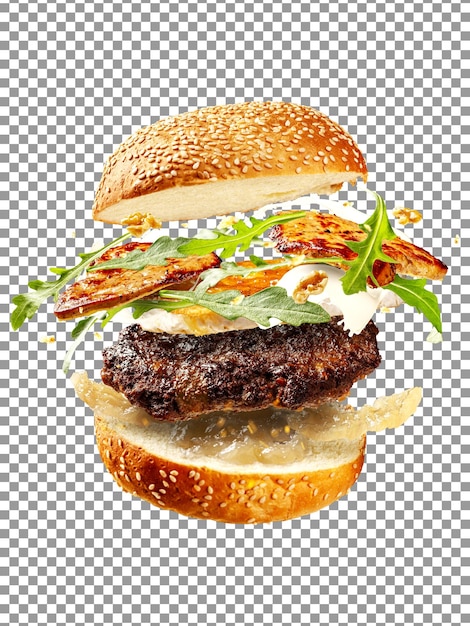Hambúrguer voador saboroso grande isolado em fundo transparente