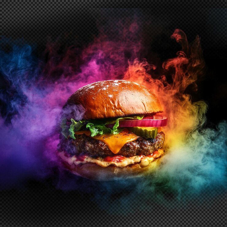 PSD una hamburguesa con un arco iris de humo