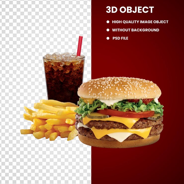PSD una hamburguesa con una bebida y un refresco en el fondo