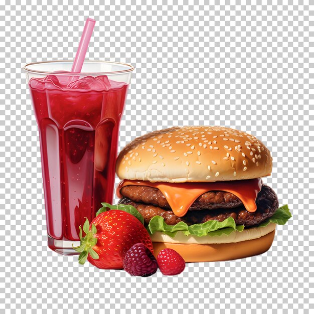 Hamburguesa de carne fresca con batido de bayas aislado en un fondo transparente