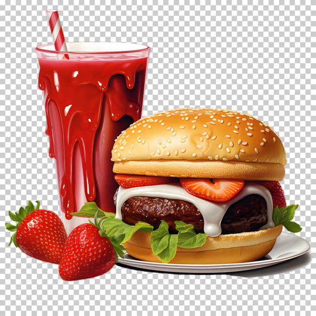 Hamburguesa de carne fresca con batido rojo aislado sobre un fondo transparente