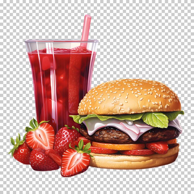 Hamburguesa de carne fresca con batido rojo aislado sobre un fondo transparente