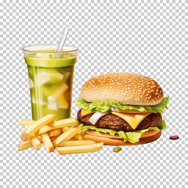 PSD hamburguesa de carne fresca con batido verde aislado sobre un fondo transparente