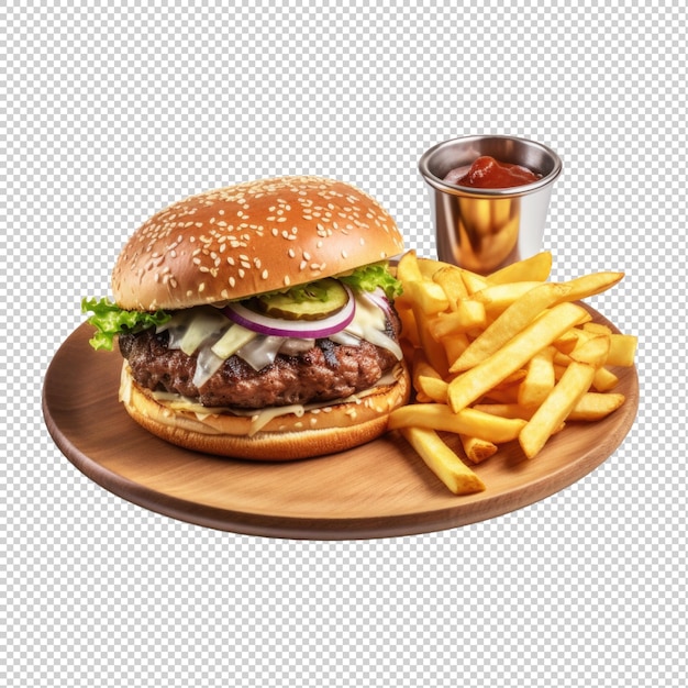 PSD hamburguesa de carne con patatas fritas aisladas sobre un fondo transparente ia generativa