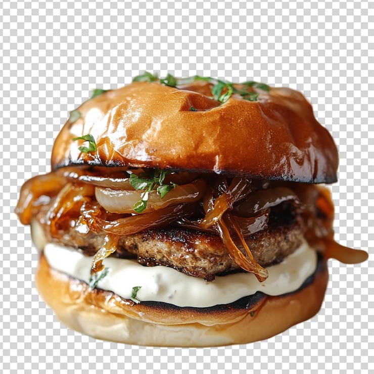 PSD hamburguesa con cebollas caramelizadas y cremosa aislada sobre un fondo transparente