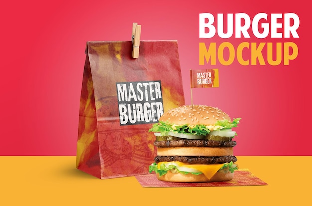 PSD hamburguesa de comida rápida psd con bolsa de papel y papel de regalo