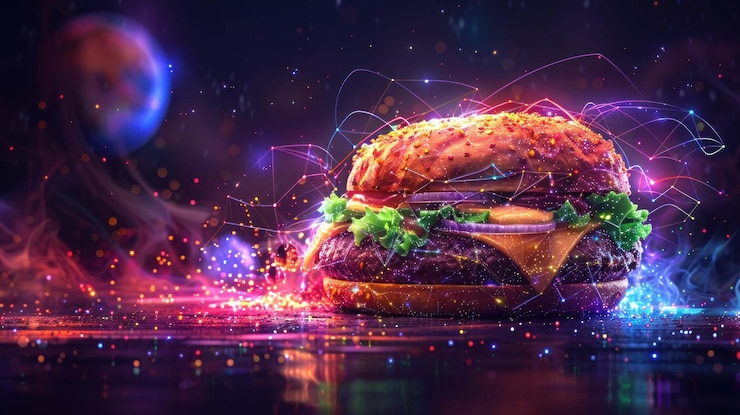 PSD una hamburguesa futurista con líneas brillantes y un planeta en el fondo