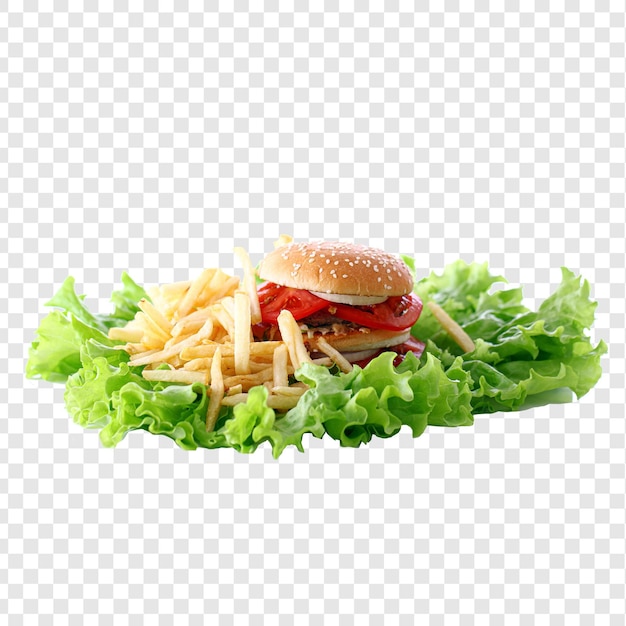 Hamburguesa grande y sabrosa con papas fritas aisladas en un fondo transparente