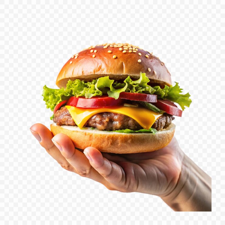 PSD una hamburguesa con una hamburguesa en ella que está siendo sostenida