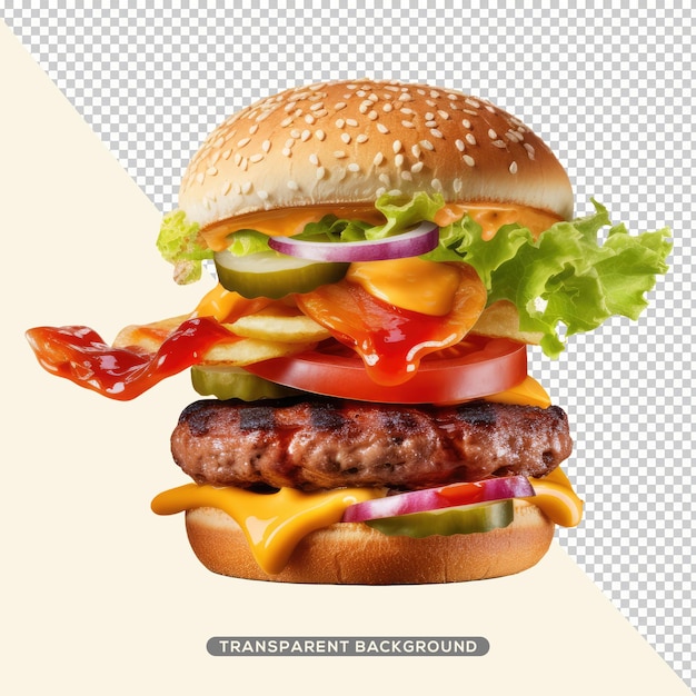 Una hamburguesa con una hamburguesa y una pancarta que dice fondo transparente.