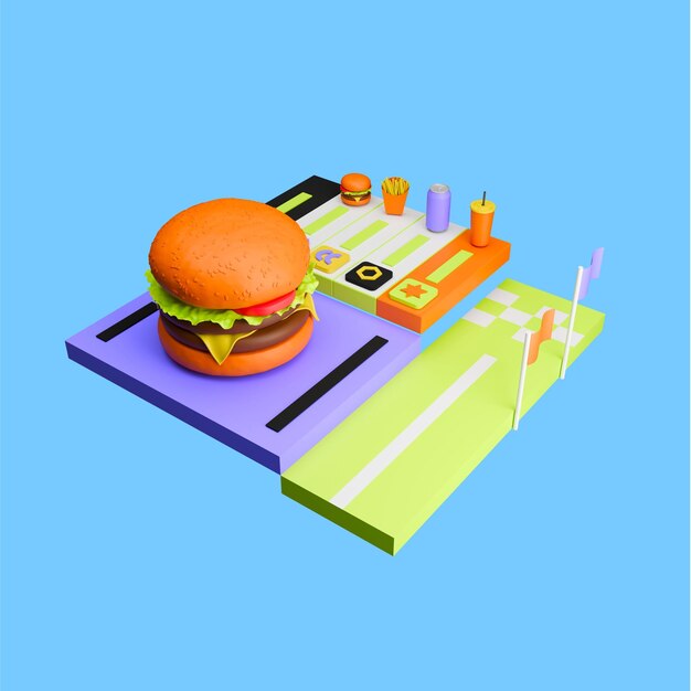 una hamburguesa de icono 3D con varios objetos