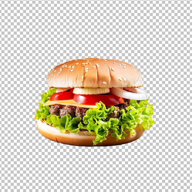 Hamburguesa con jugosa hamburguesa de ternera queso tomate y cebolla roja aislada sobre fondo transparente
